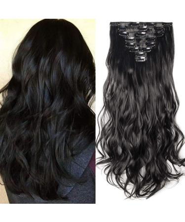 Silk-co 17 inch 8PCS Hairpiece Clip in Hair Extensions Jet Black 100% Synthetic Hair Piece Long Curly Wavy for Full Head 17 Inch Curly #Jet Black
