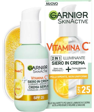 Garnier SkinActive Vitamin C Face Serum in Cream 2in1 Brightening and Anti-Imperfection SPF 25 for Dull and Uneven Skin Formula with Vitamin C and Citrus Extract - 3 Bottles of 50ml - Buy Online on GoSupps.com