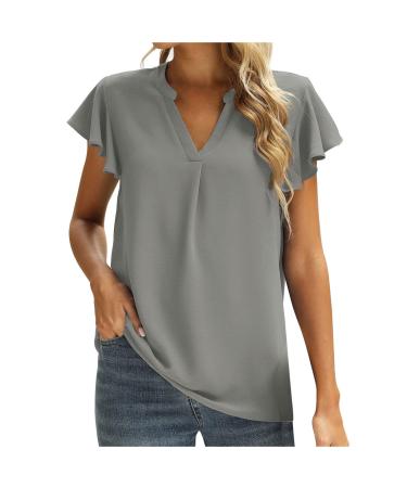 Women's Ruffle Short Sleeve Tops V Neck T-Shirts Solid Color Blouse Casual Summer Tunic Tops 02-gray XX-Large
