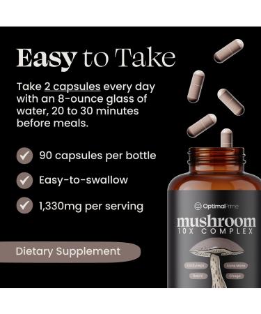 Optimal Prime 10x Mushroom Complex Supplement - Lions Mane Cordyceps Turkey Tail for Immunity Energy Mood Focus - Natural Health Booster 90 Caps - Buy Online on GoSupps.com