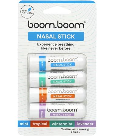 Aromatherapy Nasal Stick (4 Pack) by BoomBoom | Enhance Breathing + Boost Focus | Breathe Vapor Stick Provides Fresh Cooling Sensation | Made with Essential Oils + Menthol (Mint, Wintermint, Tropical, Lavender)