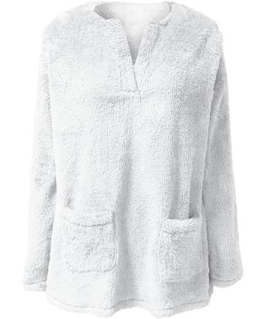 AMhomely Women's Plus Size Soft Teddy Fleece Hooded Jumper | Double Fleece Casual Hoodie with Pocket | V-Neck Sweatshirt for Winter | Lightweight Lounge Top - White S - Buy Online on GoSupps.com