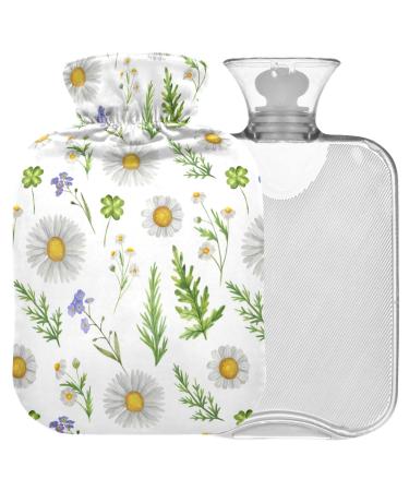 NAANLE hot water bottle with cover watercolor daisies transparent hot water bottle 2 l large warm-up bag for menstrual cramps pain relief handfoots heat and cold therapy