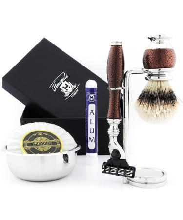 Badger hair brush with silver tip and 3-sided razor double stand with bowl and soap.