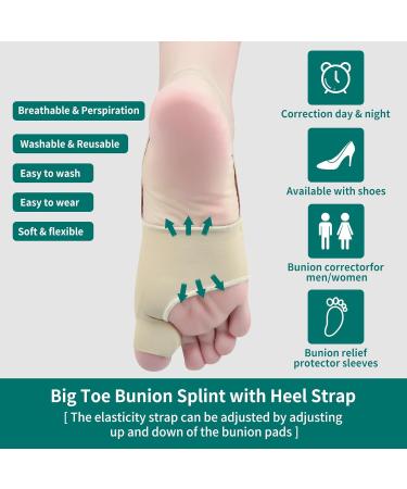 DYKOOK Bunion Corrector & Big Toe Straightener with Heel Strap for Pain Relief - 1 Pair Split Toe Separator for Hallux Valgus Corrector - Non-slip Bunion Protector - Beige (Small) - Buy Online on GoSupps.com