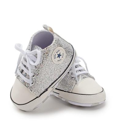 BAIELey walk in the clouds Baby Boys Girls Infant Canvas Sneakers High Top Lace up Bling Sequins Soft Sole Newborn First Walkers Shoe 0-6 Months Silver