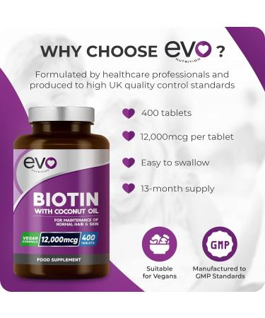 Biotin Hair Growth Supplement 12 000mcg with Coconut Oil | 400 High Strength Tablets for - 13 Month Supply Vitamin B7 Supports Normal Skin & Made in UK by EVO Nutrition - Buy Online on GoSupps.com
