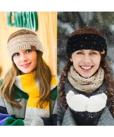 Wool Winter Headbands for Women 2 Pack - Black+Dark Gray Ear Warmers Knit Headband with Fleece Lining - Cold Weather Ear Muffs - Buy Online on GoSupps.com