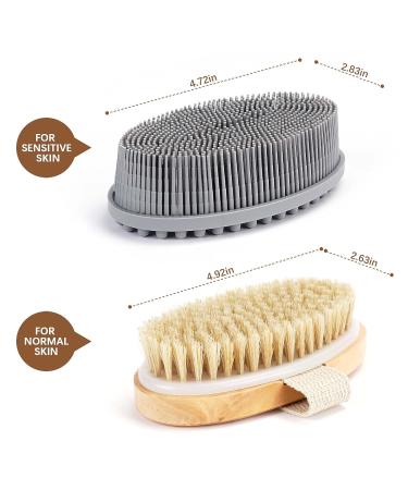Set of 2 Body Brush for Exfoliation & Circulation Boost - Natural Bristle Dry Skin Brush & Soft Silicone Scrubber for all Skin Types - Gray/Brown - Buy Online on GoSupps.com