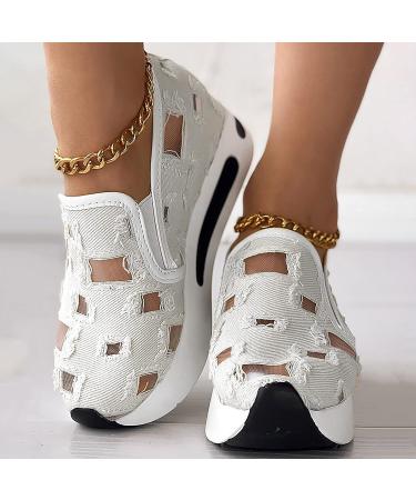 Hbeylia Platform Wedge Fashion Sneakers- Embroidered Floral Mesh, Hidden Heels, Arch Support, White- Size 6.5 - Buy Online on GoSupps.com