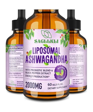 Liposomal Ashwagandha Liquid Drops 2000mg Ashwagandha Root Extract Supplement (7% Withanolides) with Black Pepper Extract & Probiotics for Focus Cognition & Energy - 2 FL.OZ (1 Bottle) 2 Fl Oz (Pack of 1)