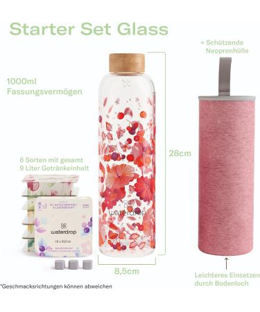 Waterdrop Starter Set Glass - 1L Glass Bottle + 18 Sugar-Free Microdrinks | 6 Fruity Varieties | Perfect for Refreshing Beverages - Buy Online on GoSupps.com
