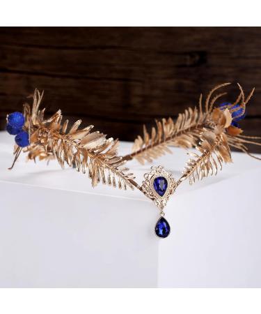 MOSTORY Fairy Gold Leaf Crown Goddess Headpiece Elf Woodland Headband Blue Crystal Pendant Circlet Tiara for Women Reneaissance Halloween Hair Accessories Princess Cosplay Costumes - Buy Online on GoSupps.com