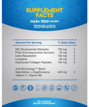 AJS NAD+ Cellular Energy NR Supplement with PQQ Resveratrol Lycopene Spermidine L-Ergothioneine and Collagen Peptides 90 Capsules for Cellular Support 1 Count (Pack of 90) - Buy Online on GoSupps.com