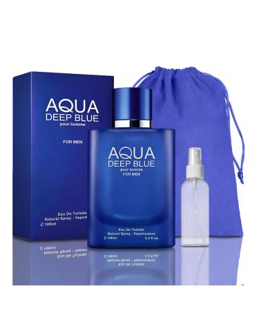Aqua Deep Blue Men's Perfume - Fresh and Sophisticated Fragrance 100ml Cologne for Men with Travel Bag and Spray Bottle Daily Used Eau de Toilette Aqua Deep Blue 3.4 Fl Oz (Pack of 2)