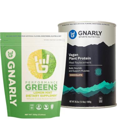 Gnarly Nutrition Performance Greens Lemon Mint (11.64 oz) and Gnarly Vegan Plant Protein Meal Replacement - Chocolate (28.2oz)