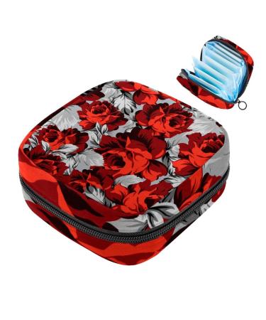 Menstrual Pad Bag with Zipper Ladies Napkin Pouch Tampons Collection Bag for Women and Girls (Red Roses)