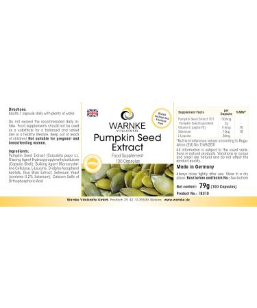 Pumpkin Seed Extract 500mg - High-Dose 100 Capsules with Vitamin E & Selenium | Warnke Vital Substances - German Pharmacy Quality - Buy Internationally - Buy Online on GoSupps.com