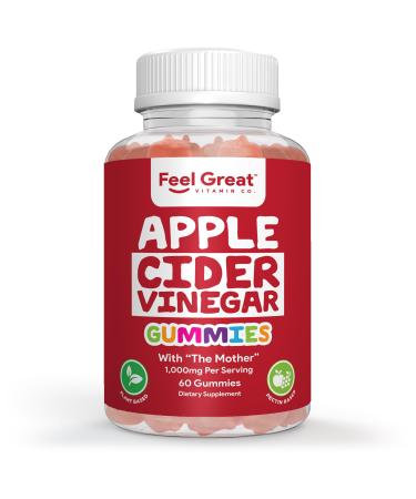 Feel Great Vitamins Apple Cider Vinegar Gummies ACV with The Mother for Digestive Support & Daily Wellness Vegan, Non-GMO, 60 Gummies Apple Cider Gummies