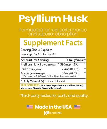 Healthfare Psyllium Husk Fiber 1500mg | 240 Vegan Capsules | Extra Strength Fiber Supplement | Supports Digestive Health | Non-GMO Gluten-Free | Made in USA 240 Count (Pack of 1) - Buy Online on GoSupps.com