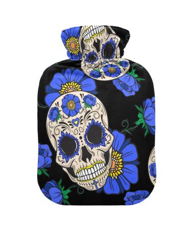 Hot Water Bottles with Cover Sugar Skull and Blue Flowers Hot Water Bag for Pain Relief for Women Girls Kids 2 Liter