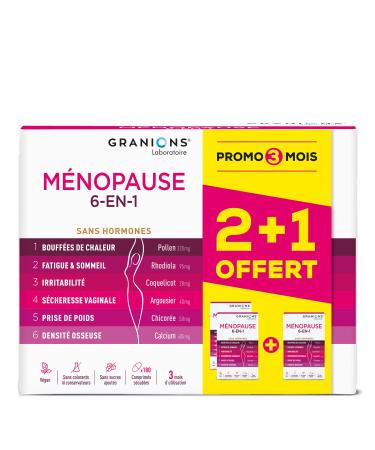 GRANIONS - MENOPAUSE 6-EN-1-3 MOIS | Menopause Bouffee de Chaleur et Poids - M nopause Perte de Poids - Bouffees de Chaleur Fatigue Irritabilit Perte de Poids Densit Osseuse - 180 Comprim s