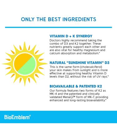 BioEmblem Vitamin D3 K2 Capsules (5000IU and 200mcg) - Patented MK7 and MK4 for 3-in-1 Complex Support - Vegetarian Vitamin D K2 Supplement for Teeth Heart Immune System - Non-GMO 90 Caps 90 Count (Pack of 1) - Buy Online on GoSupps.com