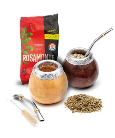 Balibetov set with 2 yerba mate gourd and 1 pack with 100g yerba mate - yerba mate cup argentina - 2 mate cups 2 bombilla 1 cleaning brush 1 loose yerba mate bag (browne - natural) dark browne - natural - Buy Online on GoSupps.com