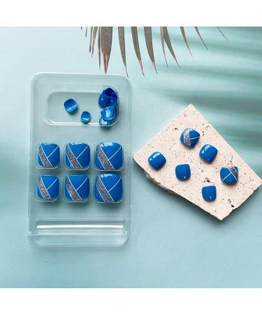 Silver Glitter Short False Toe Nails with Line Design - Cute Square Acrylic Press-on Toenails for Women - Buy Online on GoSupps.com