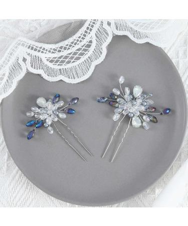 Edary Silver Blue Pearl Wedding Hair Needles & Rhinestone Accessories | 2-Piece Bride Hair Clips for Women & Girls - Buy Online on GoSupps.com
