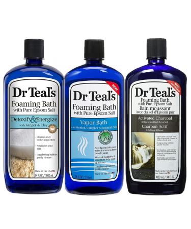 Dr. Teal's Epsom Salt Foaming Bath Variety Gift Set (3 Pack 102oz Total) - Ginger & Clay Cool Vapor & Charcoal & Hawaiian Black Lava Salt - Essential Oils Relieve Daily Stress & Relax The Mind