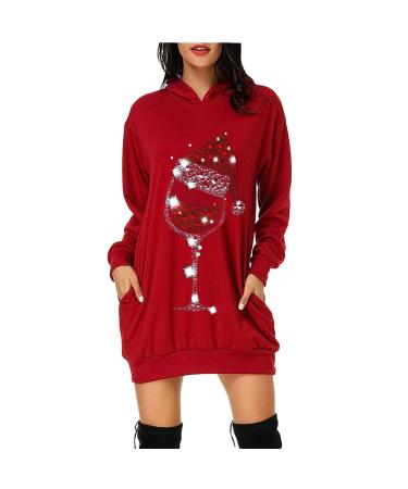 Hanxiulin Women Christmas Rock Bag Christmas Elk Sweatshirt Print Long -sleeved sweater dress print Christmas happy oversize long -sleeved hoodie hoodies sweatshirts dress Christmas dresses red m