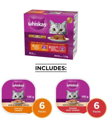 WHISKAS Meaty Selections Adult Wet Cat Food Pat - 6 Chicken 6 Beef 12x100g Tray Beef Chicken Chicken - Beef 100 g (Pack of 12) - Buy Online on GoSupps.com