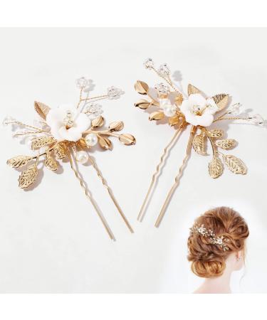 4 Pieces Bridal Flower Hair Pins Pearl Hair Accessories Ceramic Girl Hair Pieces Floral Hair Clip with Gold Leaf for Brides Bridesmaids Women Girls Wedding Party
