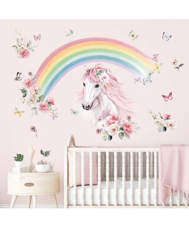 wondever Large Rainbow Wall Decals Horse Flower Peel and Stick Wall Art Stickers for Girls Bedroom Kids Room Baby Nursery