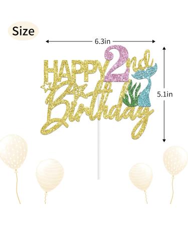 Mermaid Happy 2nd Birthday Cake Topper Gold Glitter Mermaid Two Cake Decoration Ocean Theme for Girl 2 Years Old Birthday Party Cake Decor - Buy Online on GoSupps.com