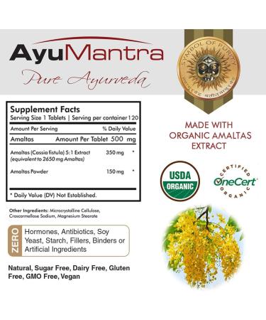AyuMantra Organic Amaltas Tablets (Cassia Fistula) - an Excellent Digestion Correcting herb for Multi-systemic Application - 90 Tablets 1000mg - Buy Online on GoSupps.com