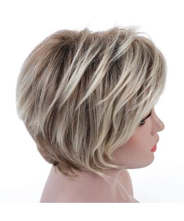 Rosa Star Short Wig Ombre Brown Mixed Blonde Hair Wigs Natural Curly with Bangs Synthetic Hair Fibers Heat Resistant Full Wig for Women Ombre Blonde