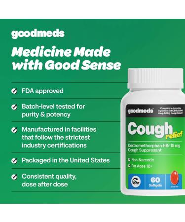 GoodMeds Cough Relief for Adults Softgels Dextromethorphan HBr (DXM) 15mg 8Hour Non-Drowsy Long-Lasting Bronchial Suppressant for Dry Cough and Chest Congestion (60 Count) - Buy Online on GoSupps.com