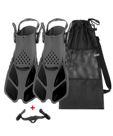 QKURT Snorkel Fins, Swimming Fins with Adjustable Buckles Open Heel, Diving Flippers for Men Women Youth Travel Size Short Fins for Snorkeling Diving Swimming black L/XL (Adult US Size 9-13)