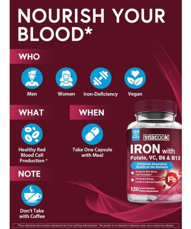 Iron Supplement for Women & Men, Iron Bisglycinate with Vitamin C, B6, B12, Folate, Stomach Friendly, Non-Constipating, Blood Health & Energy Boost, 120 Vegan Caps 120 Count (Pack of 1) - Buy Online on GoSupps.com
