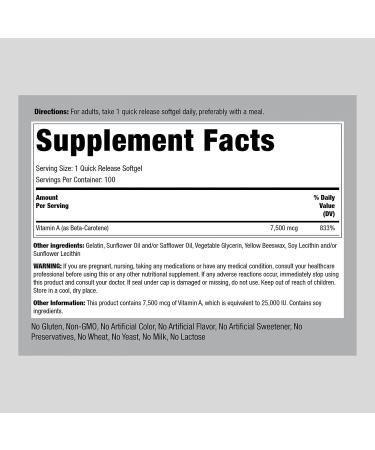 Piping Rock Beta Carotene 25000 IU Softgels - 100 Count Vitamin A Supplement | Non-GMO & Gluten Free - Buy Online on GoSupps.com