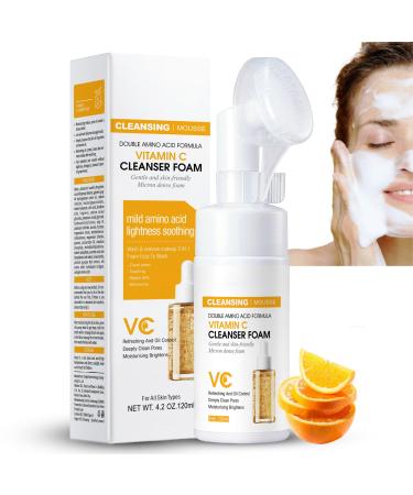 Vitamin C Hydrating Foaming Facial Cleanser - Foaming Cleanser with Silicone Face Brush Gentle Face Cleanser for Acne-Prone Skin Daily Foaming Face Wash for Women & Men - Vegan 4.2oz