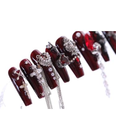 PN-026 Press-On Nails Hand Nails Polished 10 Pieces Reusable Premium Artificial Nails Diva Queen Cross Heart Crystal Stones Chain Metallic Red - Buy Online on GoSupps.com