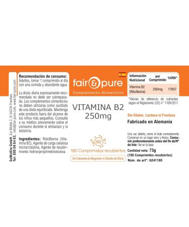 Fair & Pure Vitamine B2 250mg 180 comprim s 250mg de vitamine B2 (riboflavine) par comprim facile avaler compl ment alimentaire v g talien sans additifs fabriqu en Allemagne - Buy Online on GoSupps.com