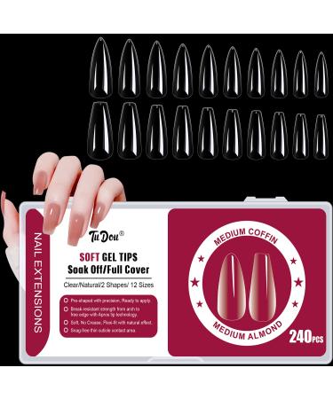TuDou Soft Gel Full Cover Nail Tips 240PCS Clear Coffin & Almond Gelly Tips for Soak off Nail Extensions Long False Press on Nails with Box for Nail Art Salon and Home DIY 10 Sizes& 2 Shapes 240 Piece Assortment
