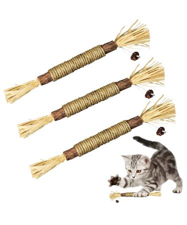 3 Pack Silvervine Sticks Cat Toys for Indoor Cats Interactive Silvervine for Cats Catnip Toys for Indoor Cats Chew Toy for Cat Teeth Cleaning Kitten Teething Brown