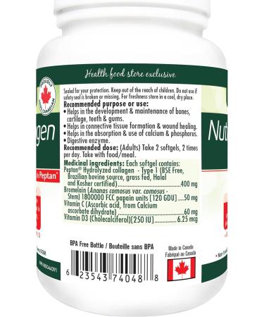 Naka Nutri Collagen Plus 400mg of Peptan plus Bromelain Vitamin C Vitamin D for Joint Bone Skin Health Made in Canada (120 softgels) - Buy Online on GoSupps.com