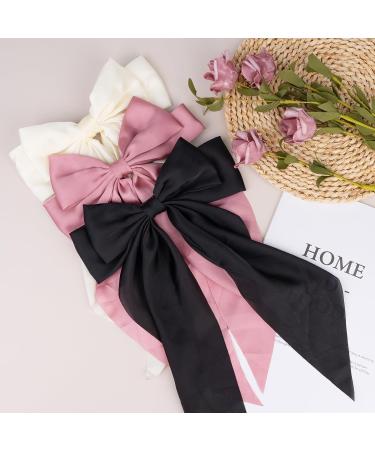 3 PCS Big Bow Hair Clips Beige+ Pink + Black Hair Bow Solid Color Hair Bow French Bowknot Hairpin Hair Clip with Long Silky Satin Tail Large Hair Bows for Women and Girls - Buy Online on GoSupps.com