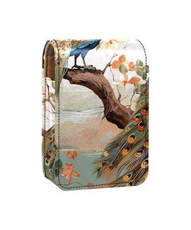 Lipstick Case Leather Lip Gloss Lipstick Organizer with Mirror Mini Lipstick Holder Bag Forest Tree Couple Peacock S880u6fzav